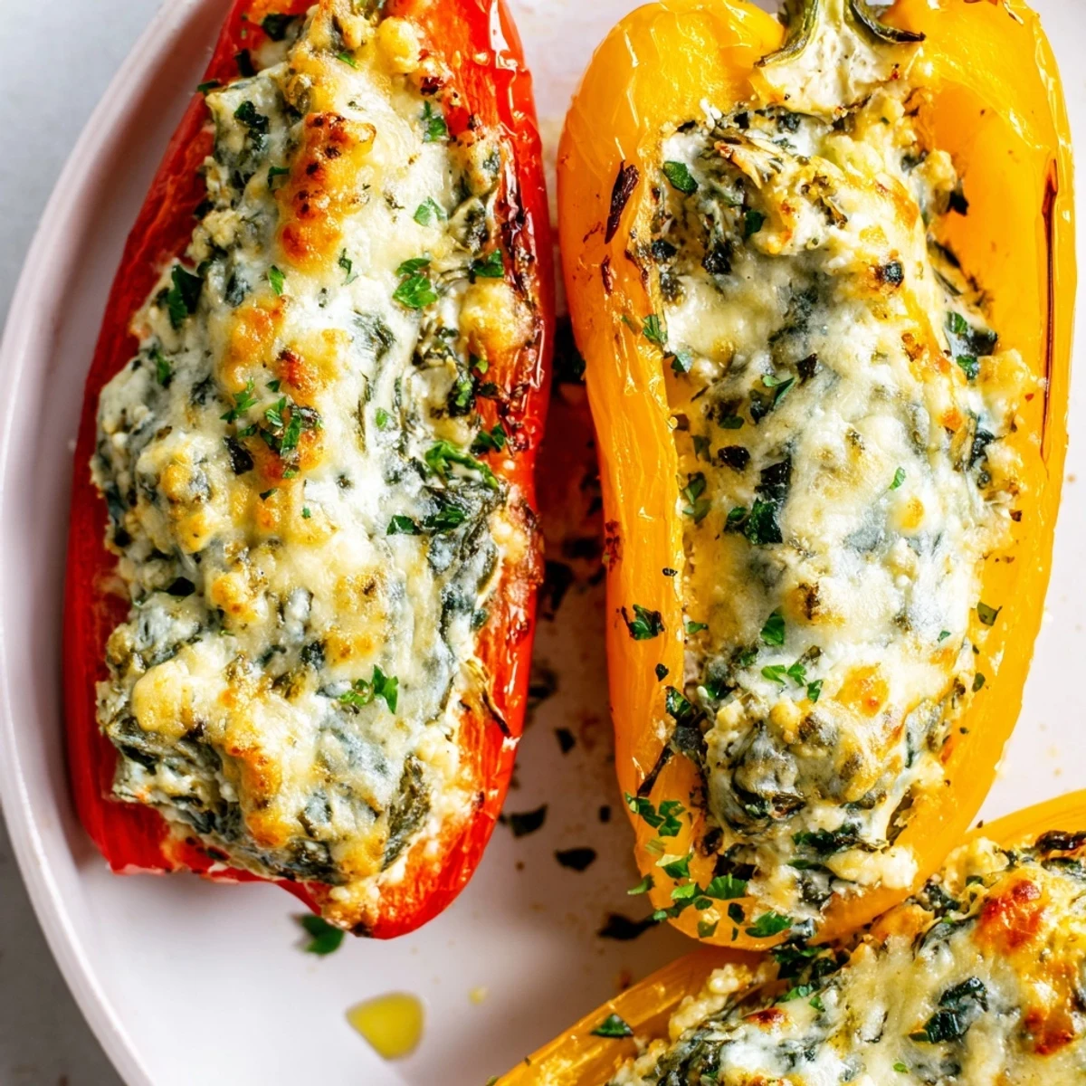 Vibrant bell pepper halves filled with whipped ricotta and topped with melted cheese