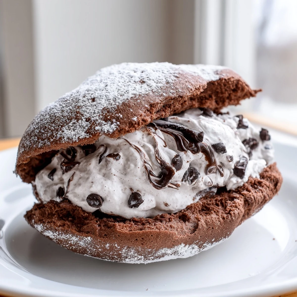 Golden-baked Italian Chocolate Maritozzi oozing with rich dark chocolate cream on a rustic plate