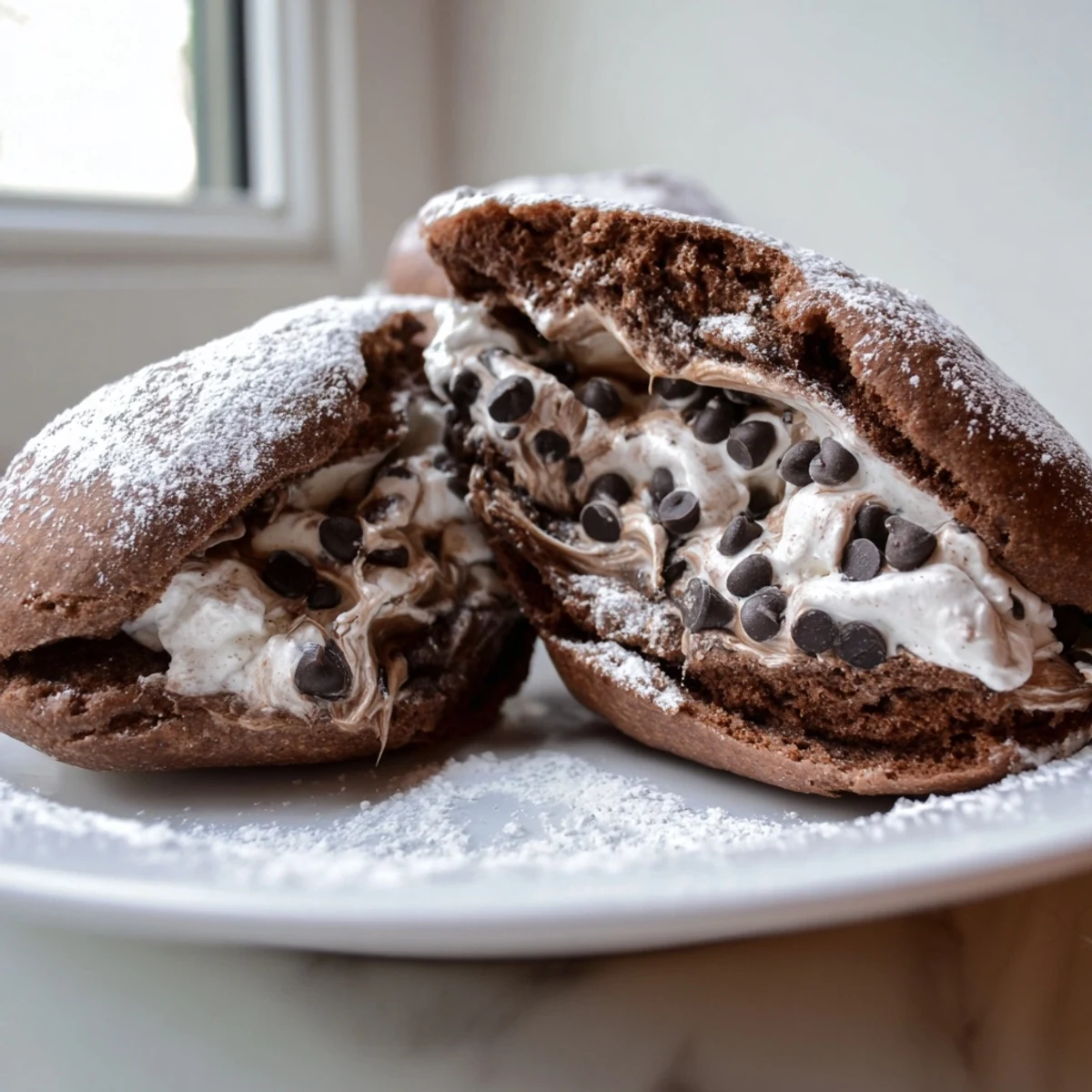 Italian Chocolate Maritozzi buns split open and piled high with fluffy chocolate whipped cream