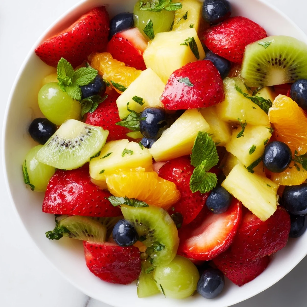 Colorful fruit bowl with fresh strawberries, blueberries, and kiwi on a rustic table