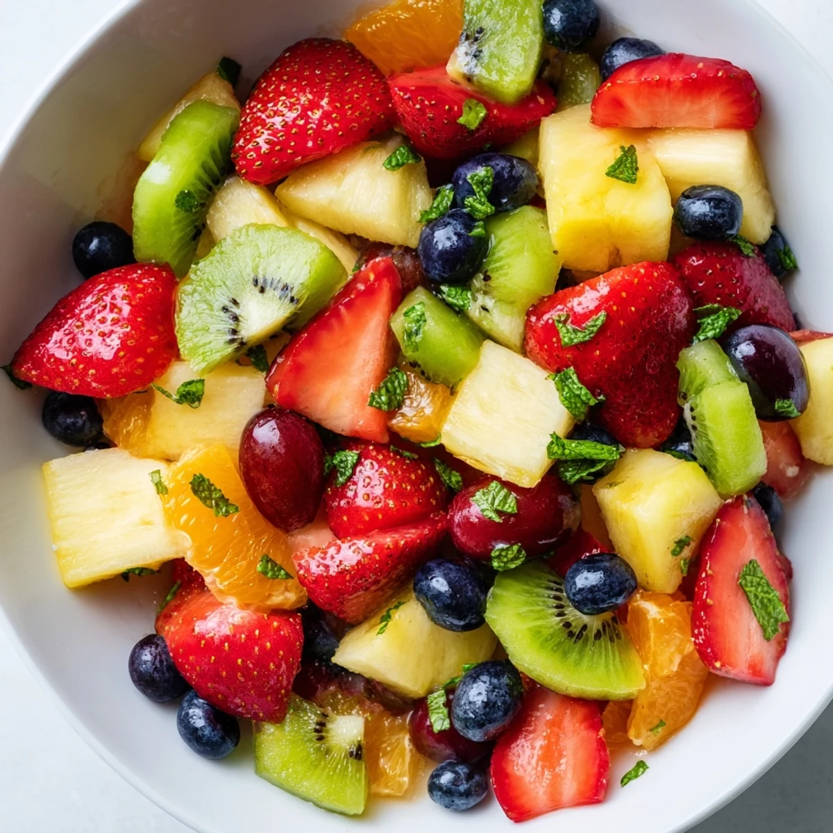 Refreshing fruit bowl recipe served in a white bowl with honey mint drizzle