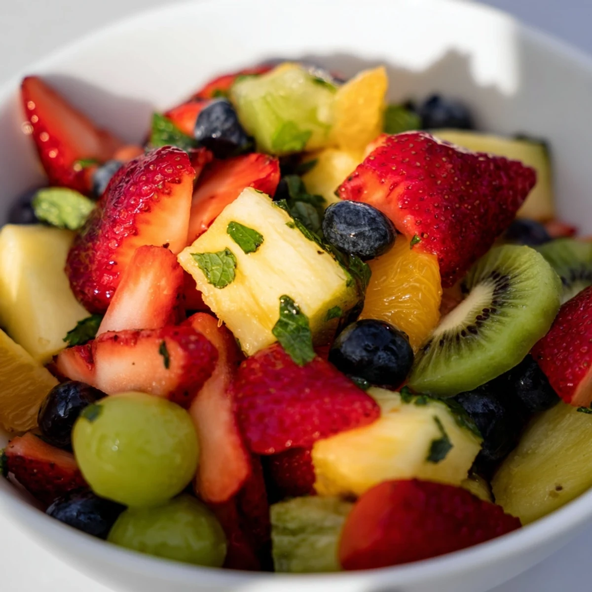 Vibrant seasonal fruit bowl featuring sliced pineapple, grapes, and orange segments beautifully arranged