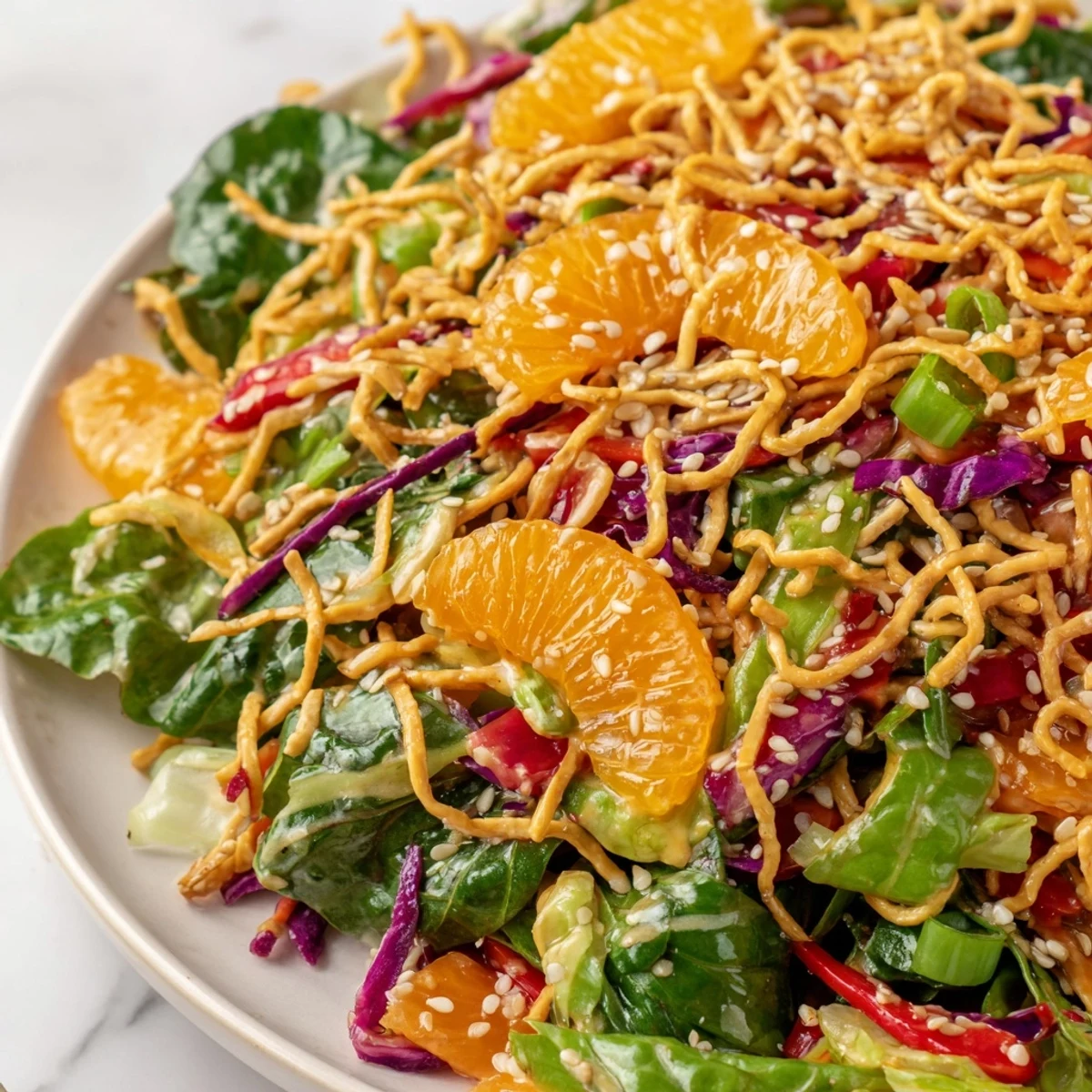 Crisp greens, sweet mandarin oranges, and toasted sesame crunch in a colorful bowl
