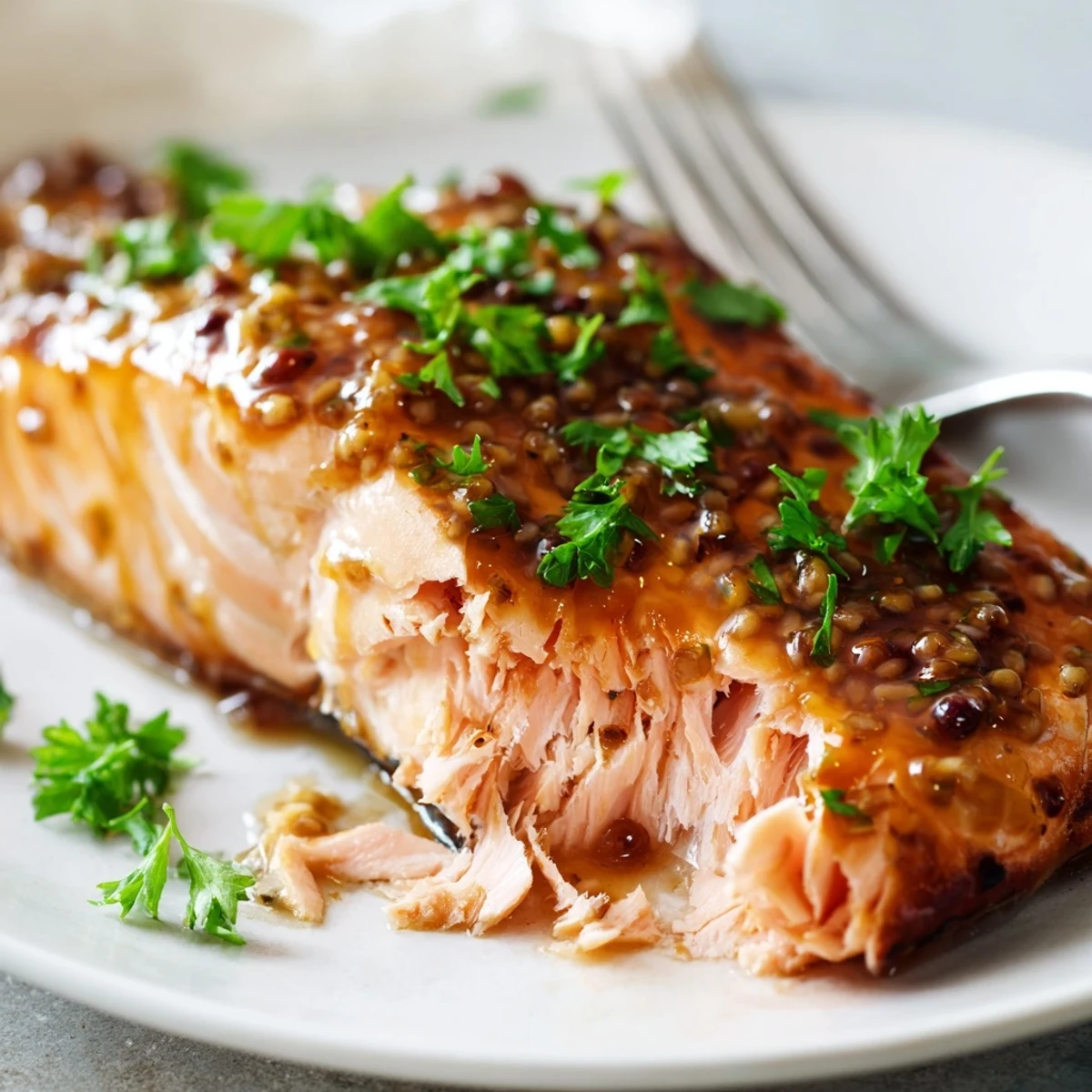 Golden baked honey mustard salmon fillets glistening with a sweet tangy glaze on a parchment-lined baking sheet