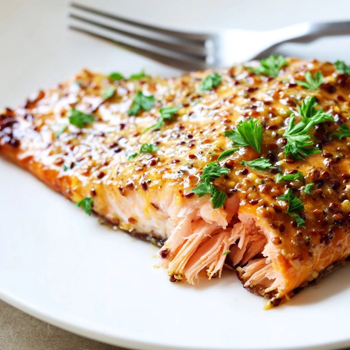 Juicy baked honey mustard salmon topped with fresh parsley and bright lemon wedges on a white plate