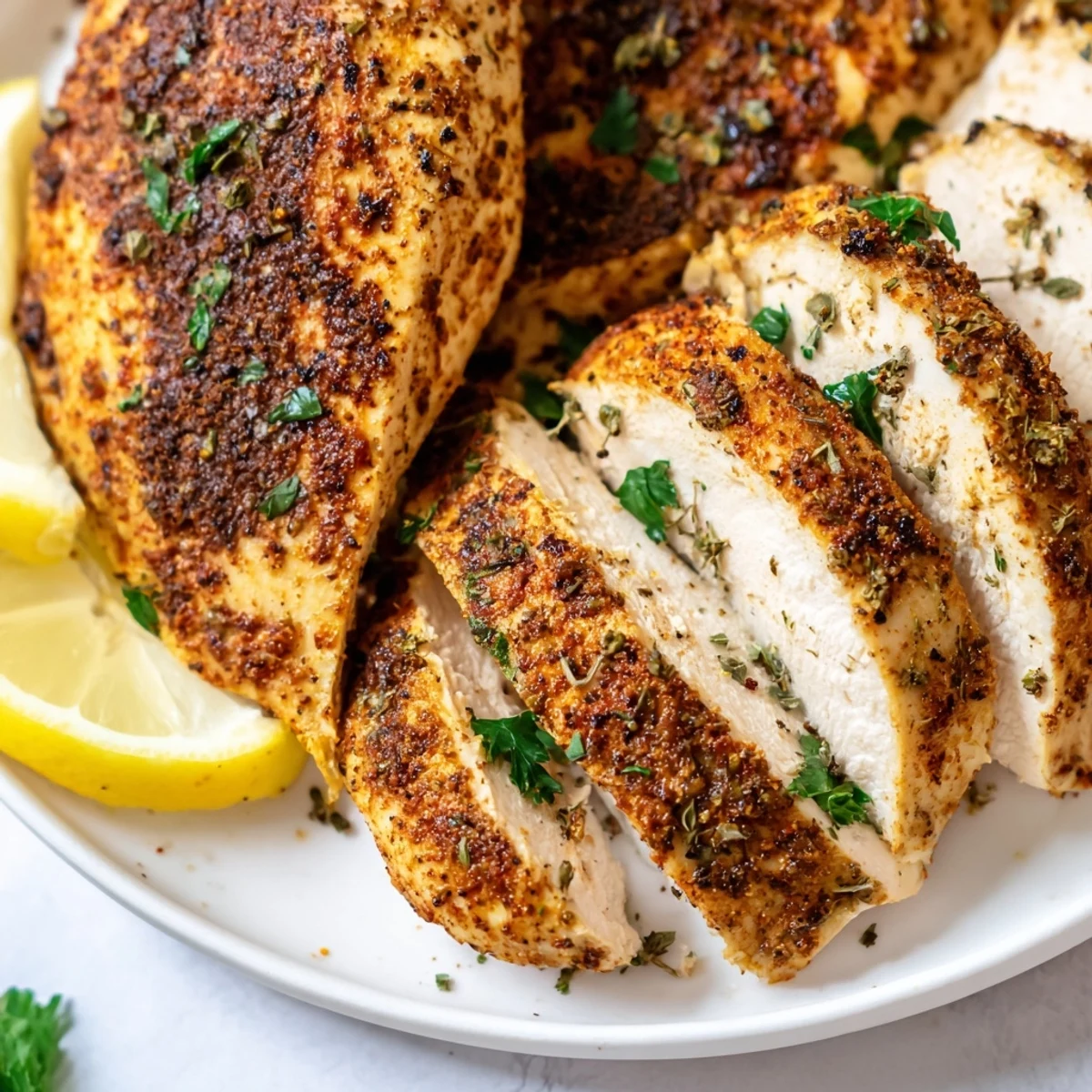 Golden herb-crusted oven baked chicken breasts resting on a sheet pan with fresh parsley