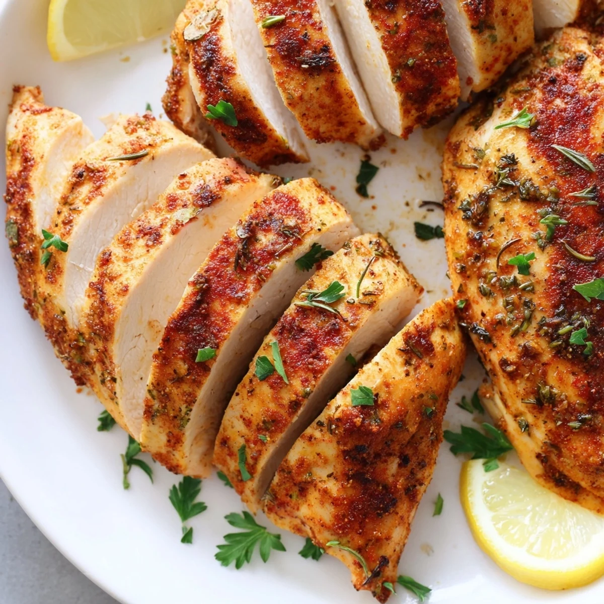 Juicy oven baked chicken breasts sliced open revealing tender meat with lemon wedges alongside