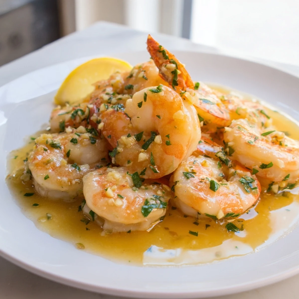 Golden buttered shrimp glistening in garlicky lemon butter sauce on a white plate