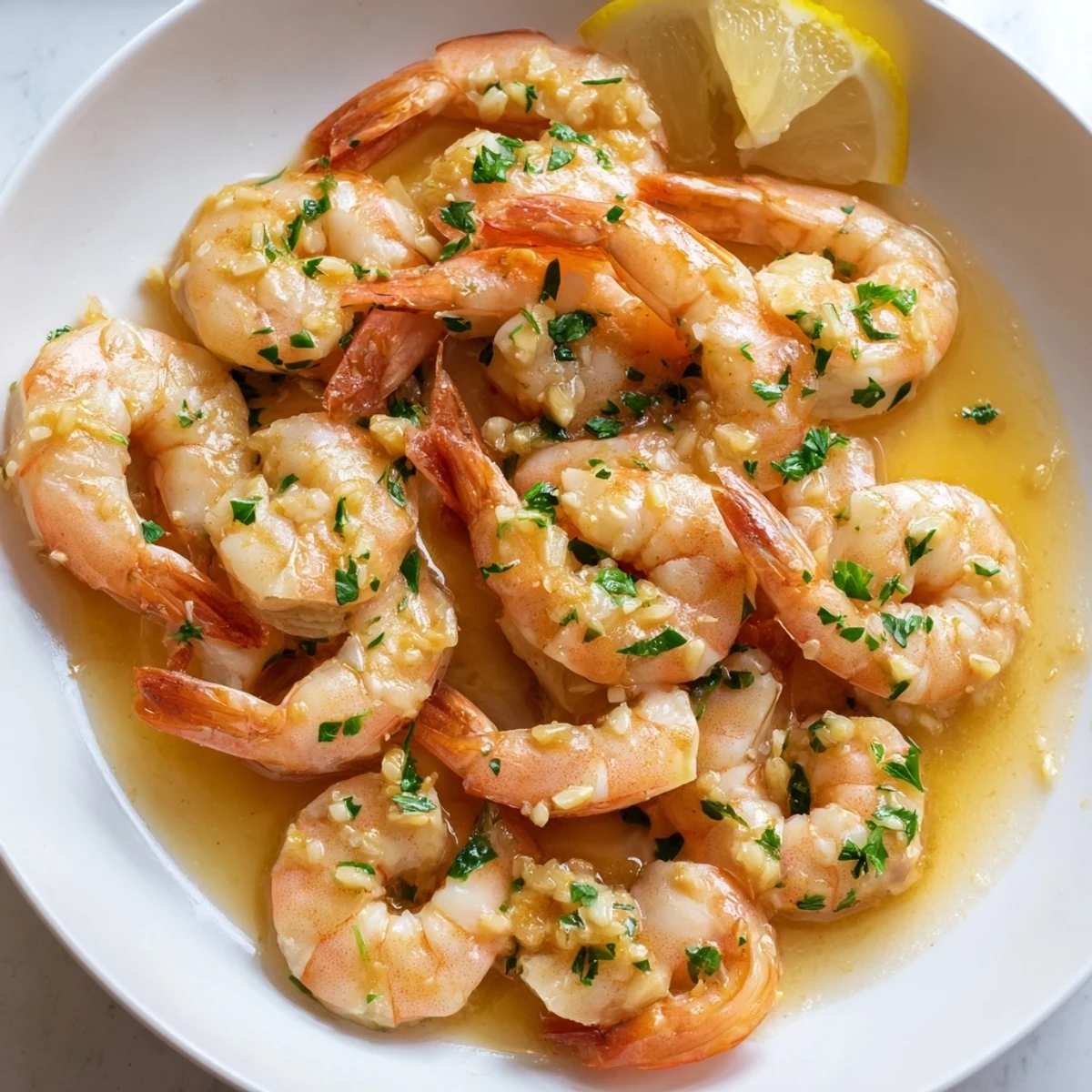Plump buttered shrimp nestled in a rich garlic butter sauce with lemon wedges