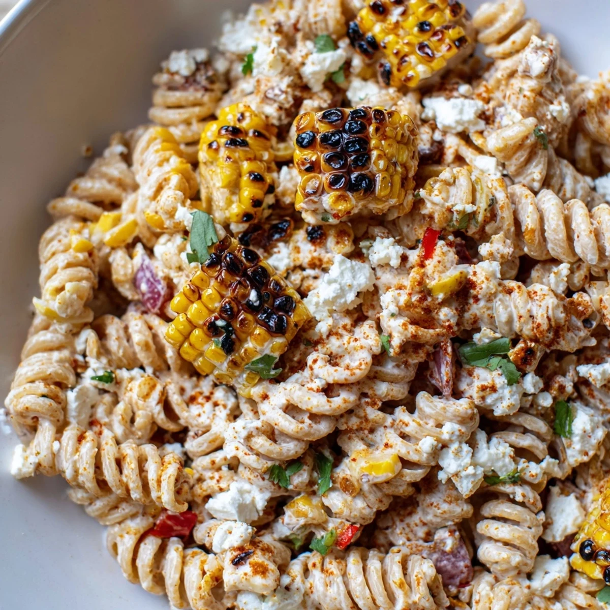 Creamy Elote Street Corn Pasta Salad topped with crumbled Cotija cheese and fresh cilantro