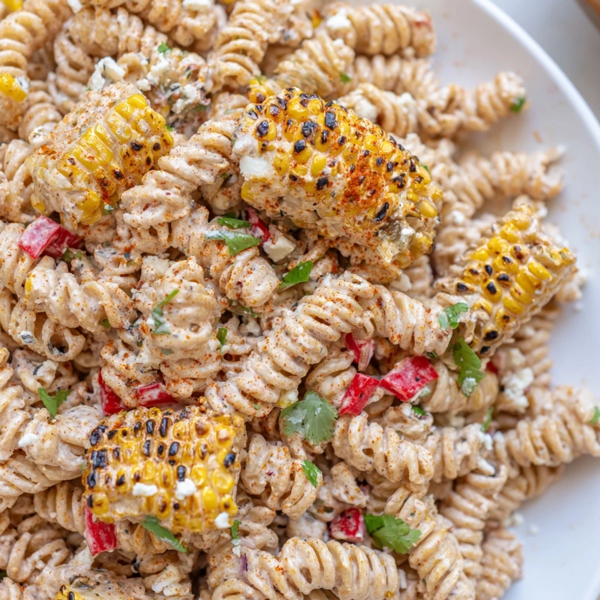 Charred corn and tender rotini tossed in a zesty lime dressing for Elote Street Corn Pasta Salad