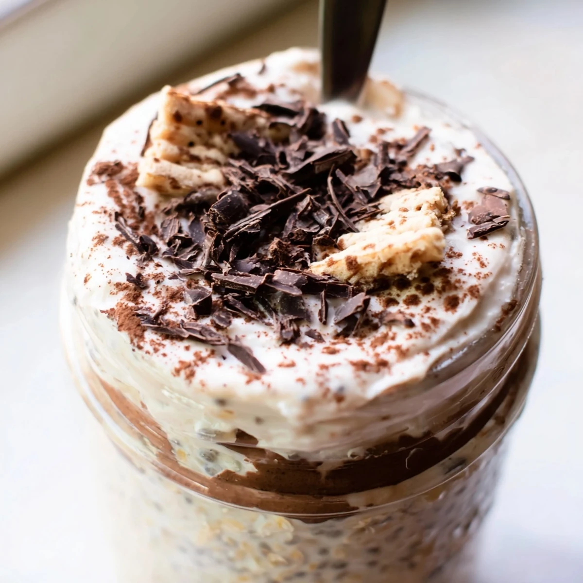 Creamy tiramisu overnight oats layered with mascarpone and dusted with cocoa powder