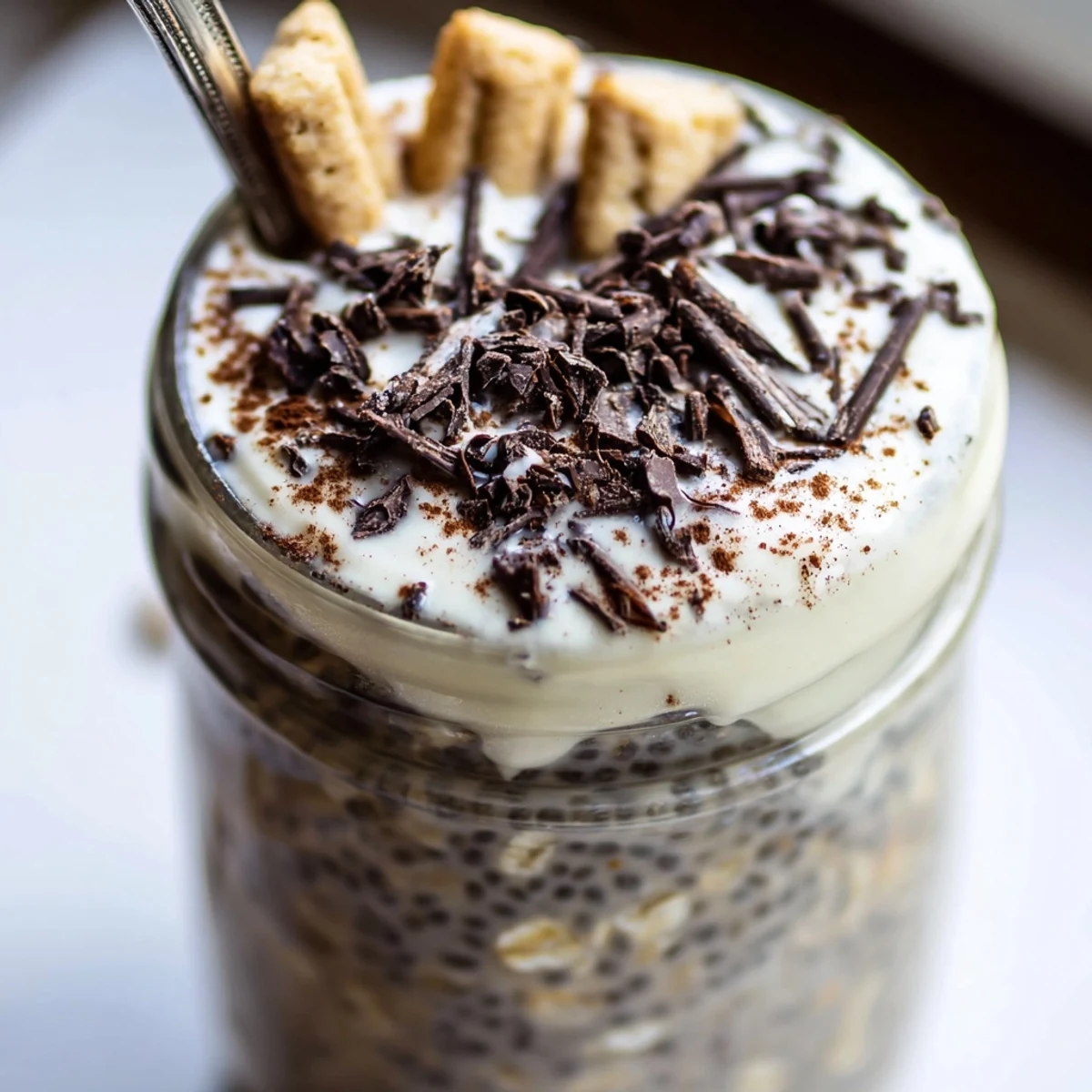 Rich coffee-infused tiramisu overnight oats topped with dark chocolate shavings in a jar