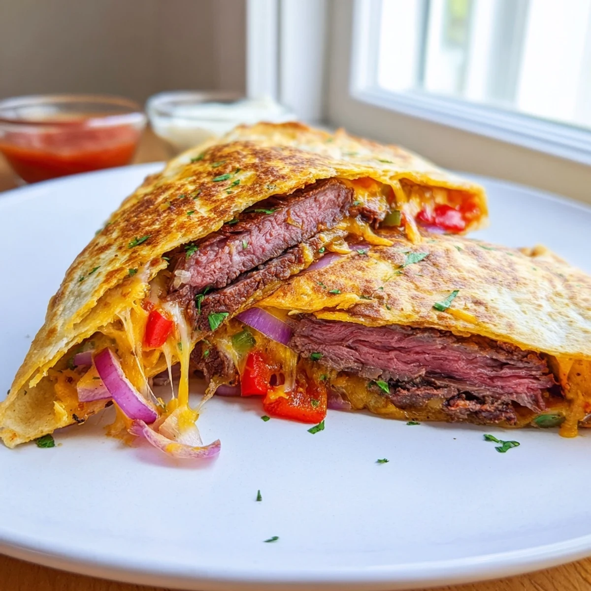Golden steak quesadillas with melted cheese and sautéed peppers on a rustic plate