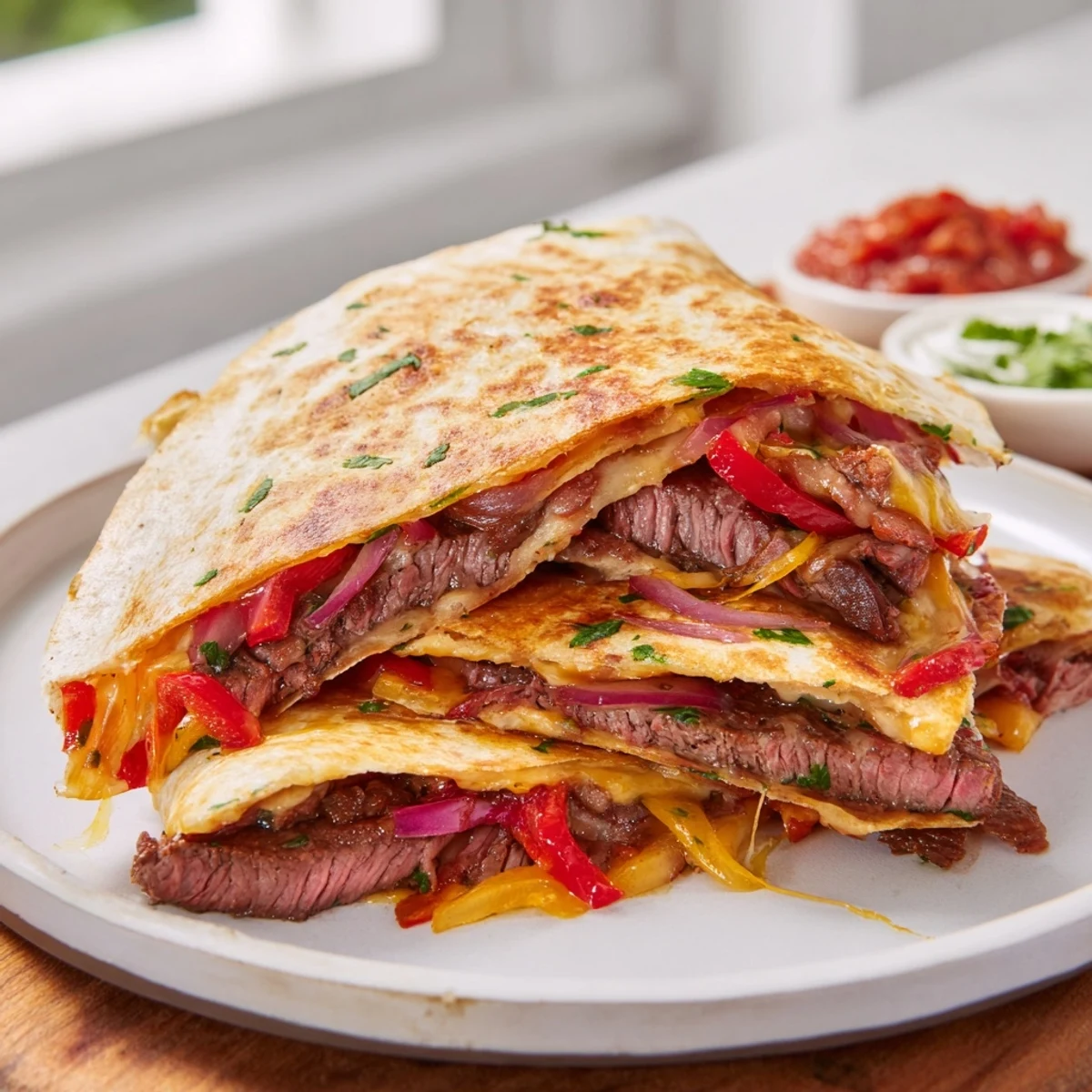 Steak quesadillas sliced open revealing tender beef and gooey cheese beside guacamole