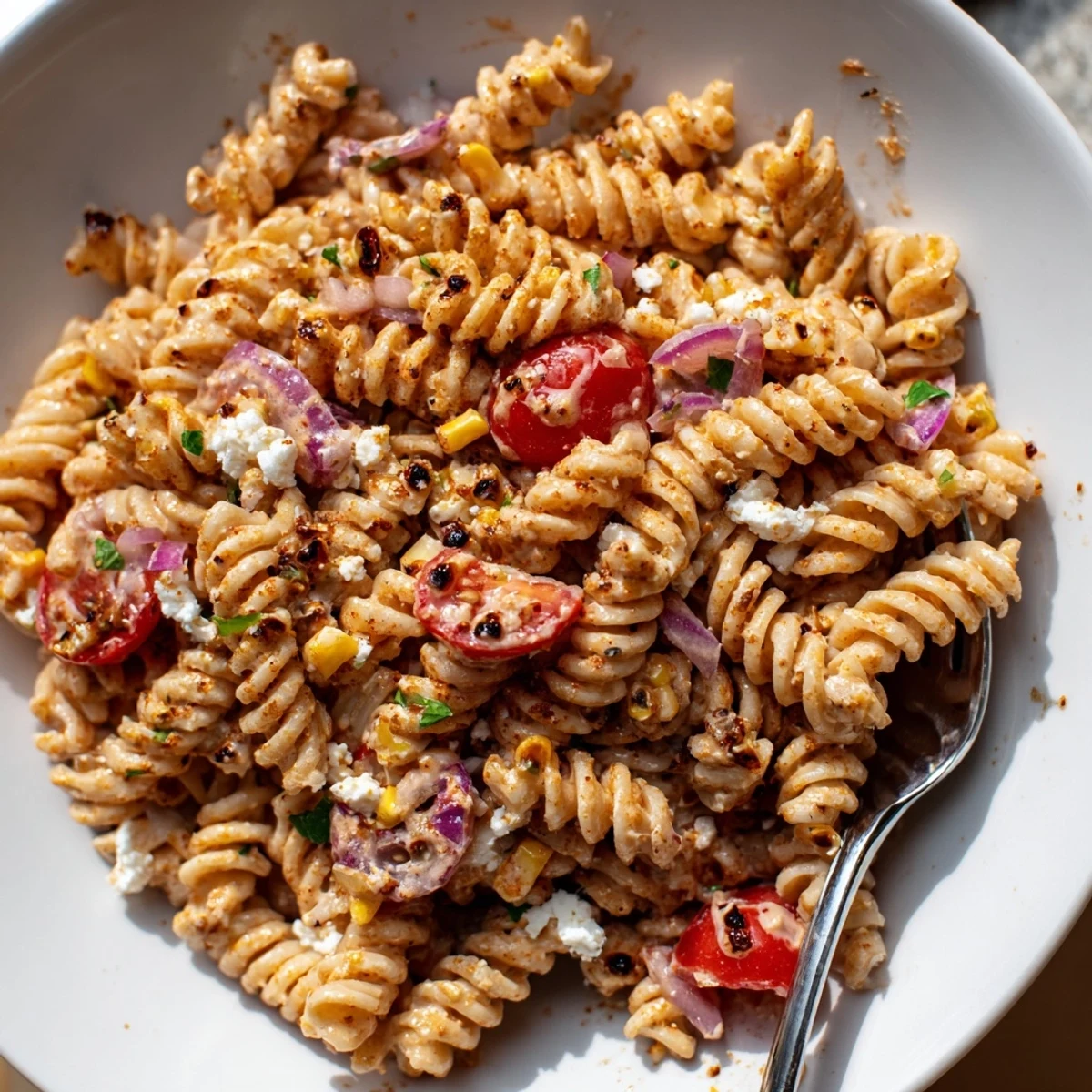 Creamy elote street corn pasta salad topped with crumbled cotija cheese and fresh cilantro