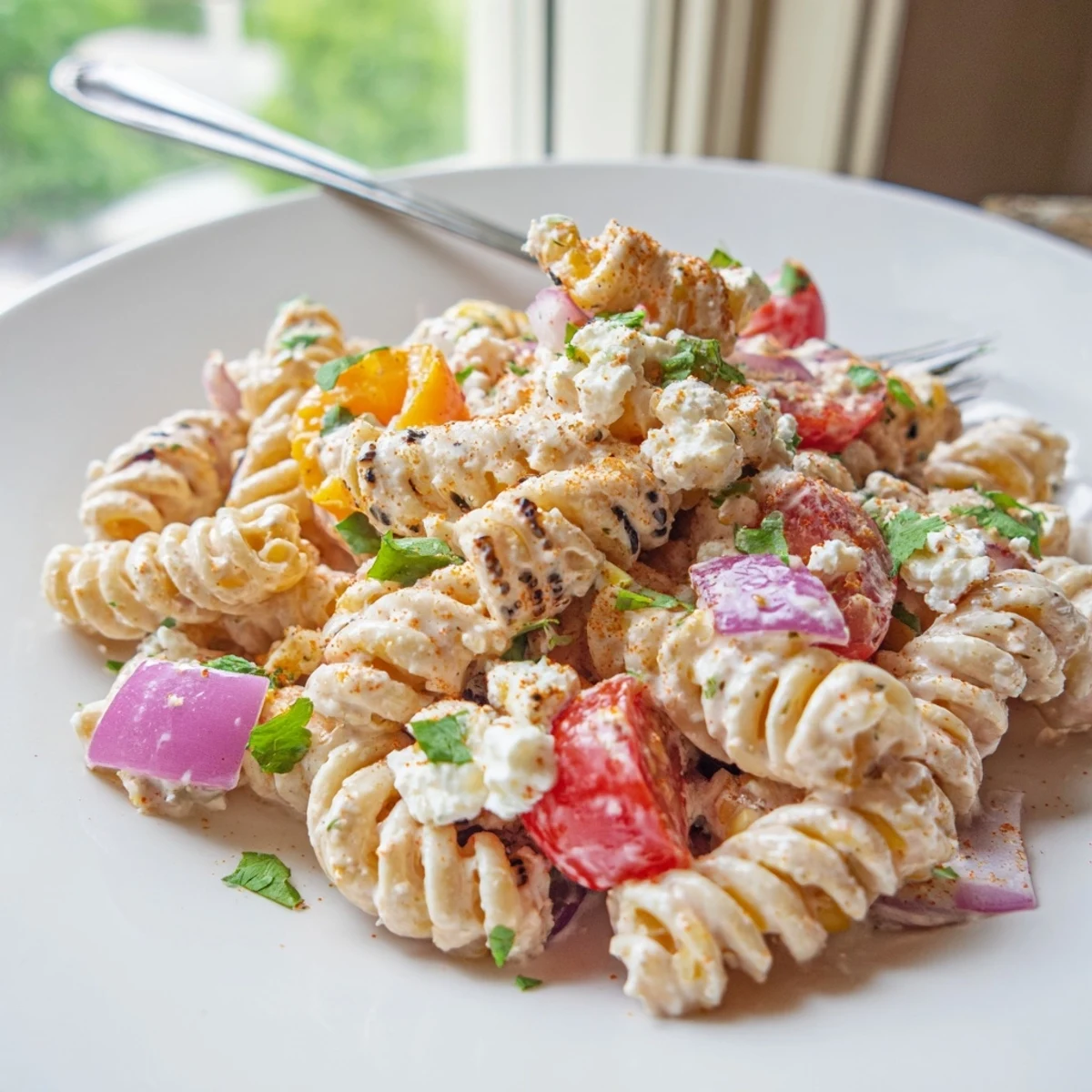 Smoky grilled corn and tangy dressing coat every spiral of this vibrant elote street corn pasta salad
