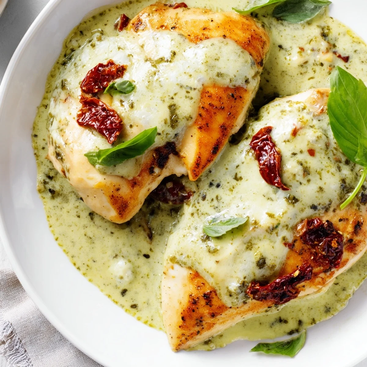Creamy Marry Me Chicken Pesto in a golden skillet with sun-dried tomatoes and fresh basil