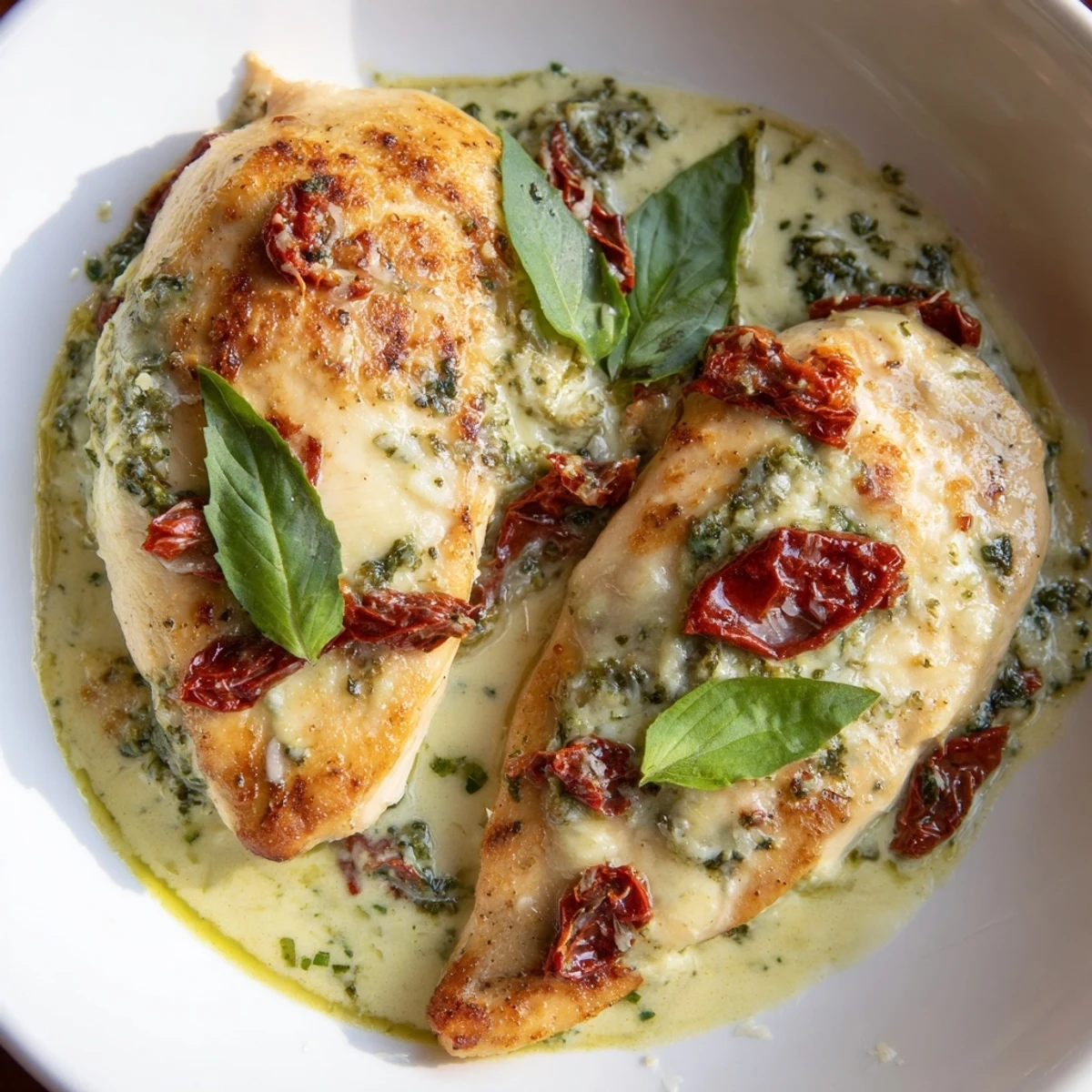 Juicy seared chicken breasts smothered in rich, creamy pesto sauce with Parmesan cheese