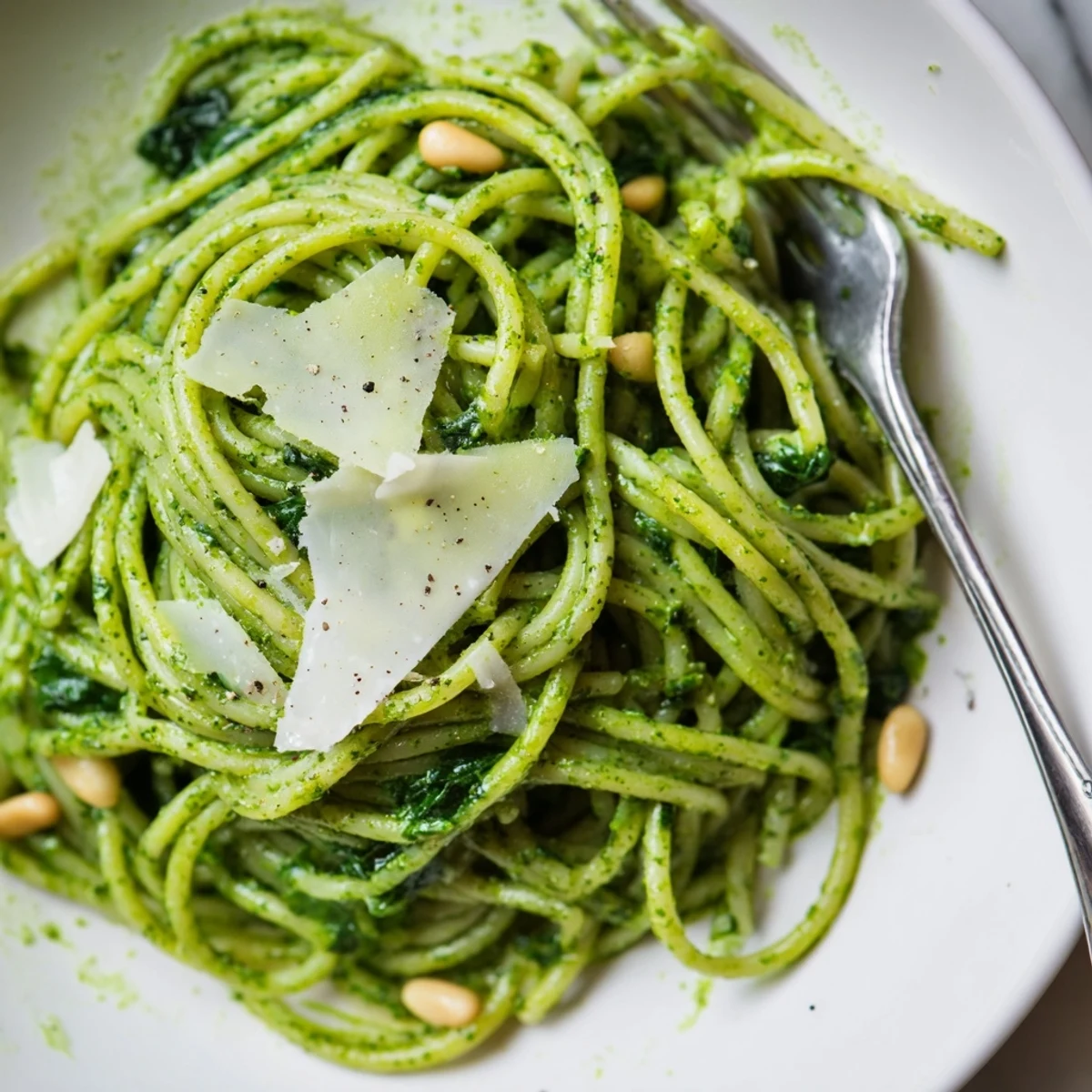 Bright wild garlic pesto pasta twirled on a fork with cracked black pepper