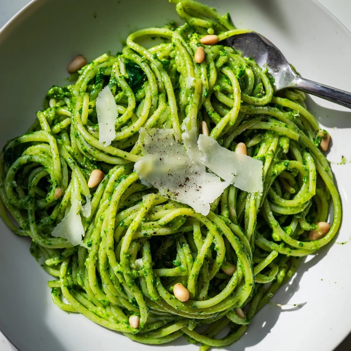Creamy wild garlic pesto pasta coated in vibrant green sauce with shaved Parmesan