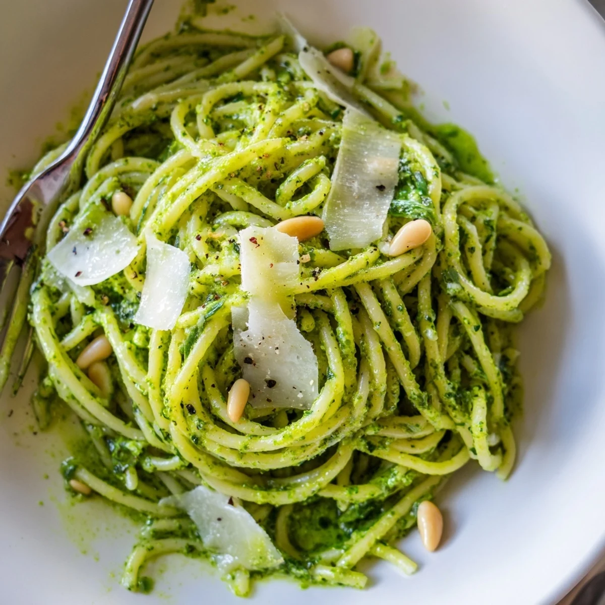 Steaming plate of wild garlic pesto pasta garnished with toasted pine nuts and herbs