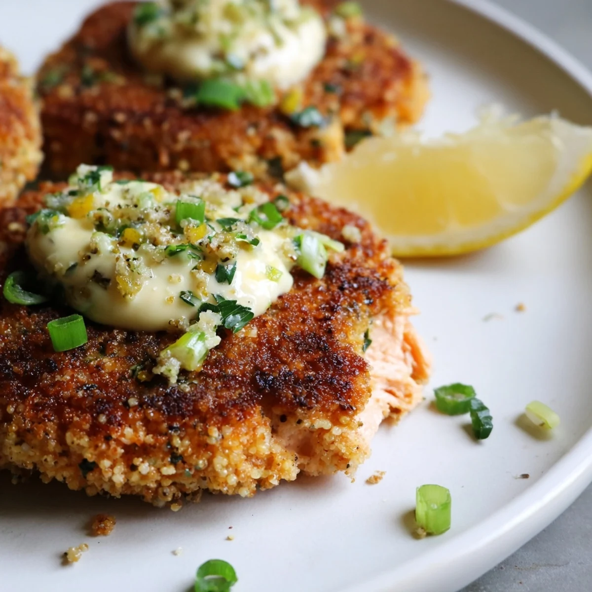 Golden lemon garlic Alaska salmon cakes plated with creamy aioli and fresh lemon wedges