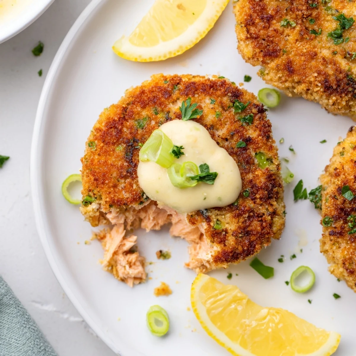 Crispy pan-fried Alaska salmon cakes topped with a generous dollop of zesty aioli