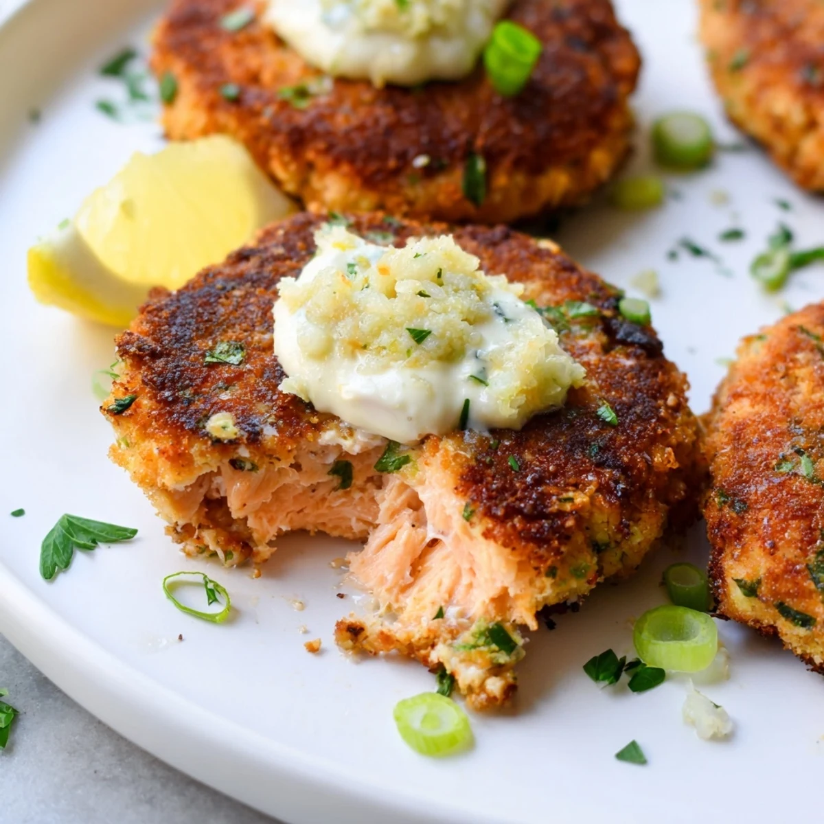 Tender lemon garlic Alaska salmon cakes served alongside tangy garlic aioli on a white plate