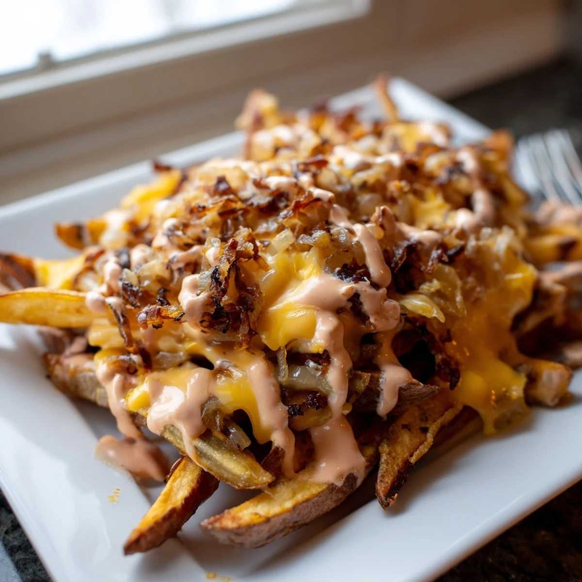 Crispy Animal Style fries loaded with melted cheese and tangy sauce