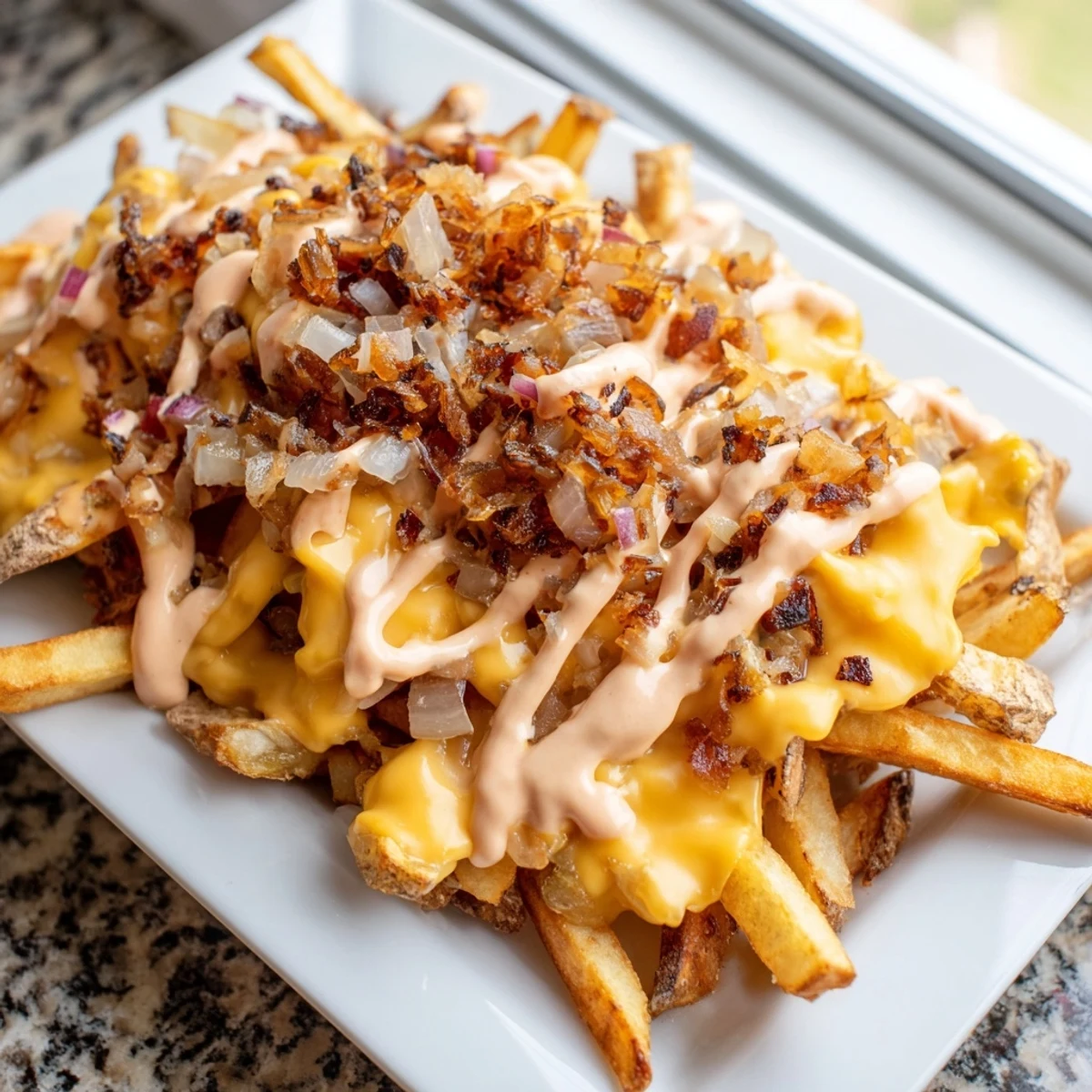 Golden Animal Style fries topped with gooey cheese and caramelized onions