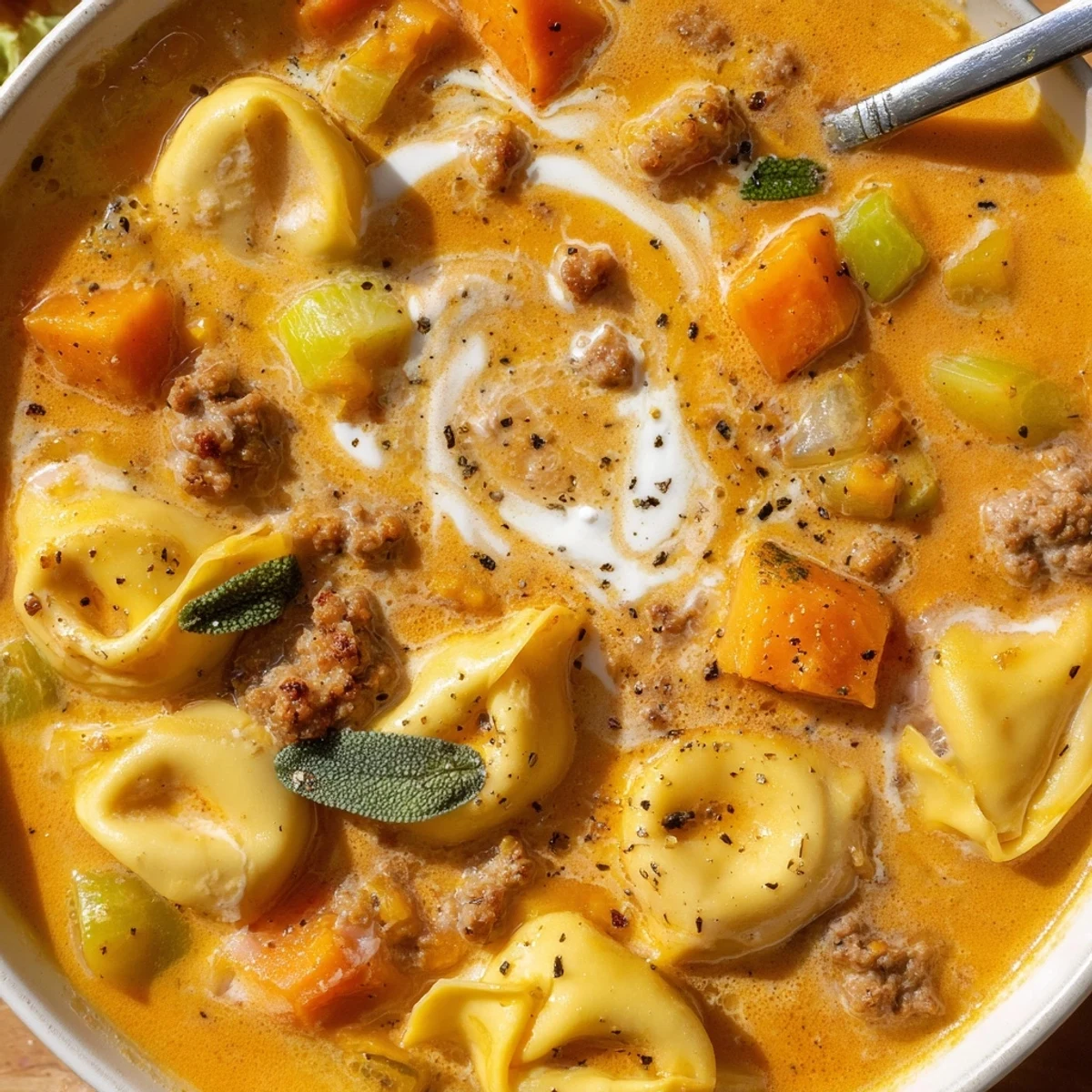 Steaming bowl of butternut squash sausage tortellini soup garnished with fresh crispy sage leaves