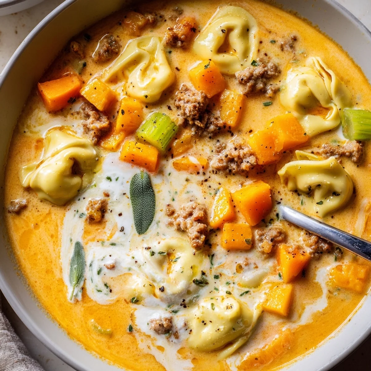 Creamy butternut squash sausage tortellini soup with a golden sage cheese swirl topping