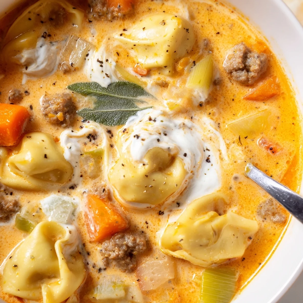 Rich butternut squash sausage tortellini soup served in a rustic bowl with melty cheese swirl