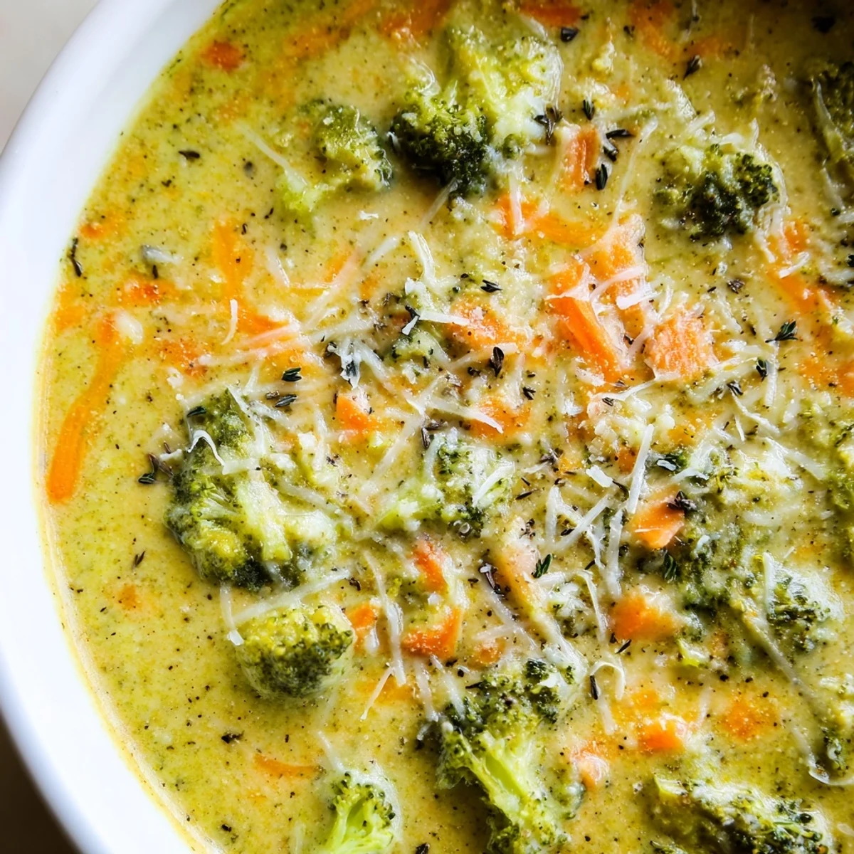 Steaming bowl of slow cooker broccoli cheese soup garnished with crusty bread and extra cheese