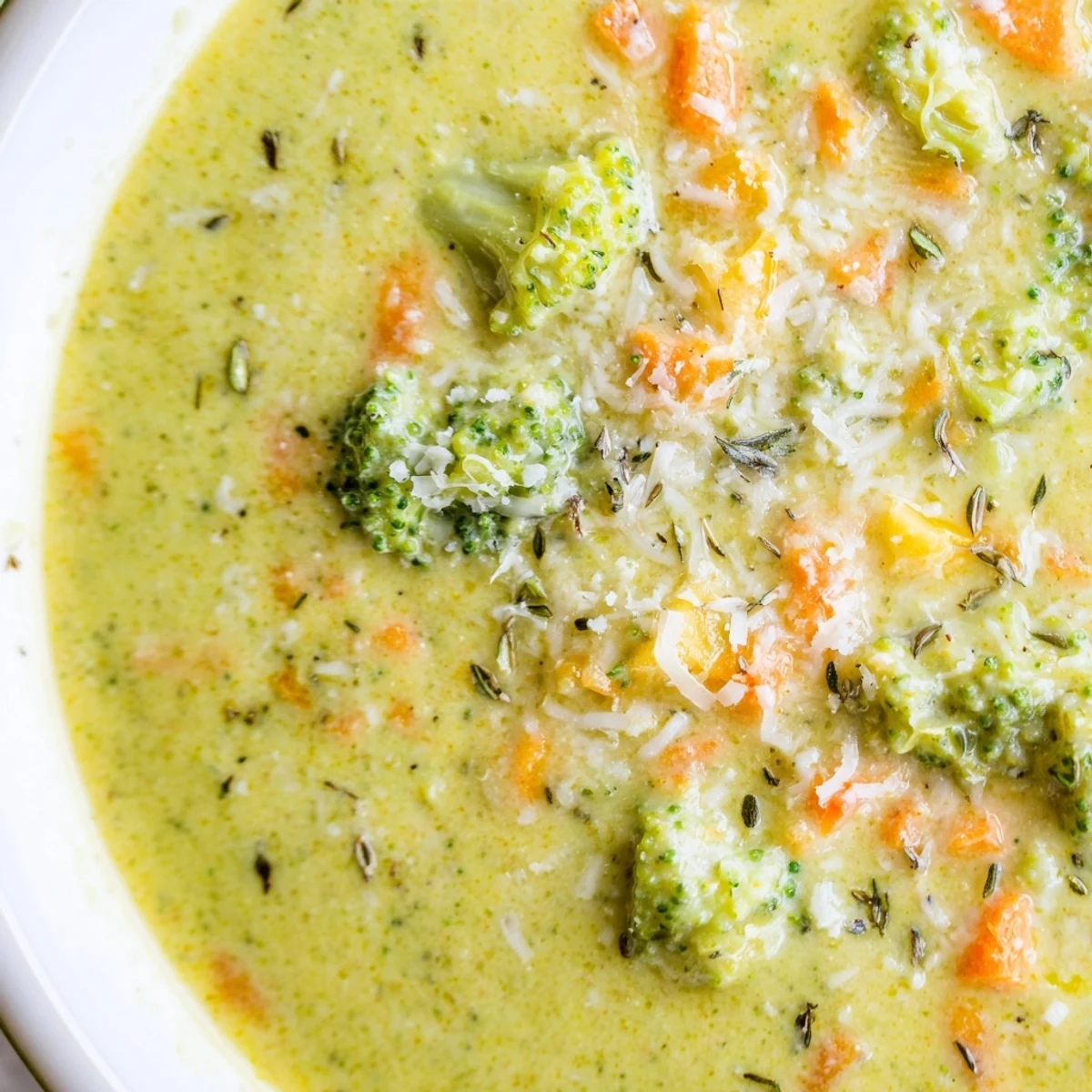 Thick golden slow cooker broccoli cheese soup ladled into a mug beside fresh broccoli florets