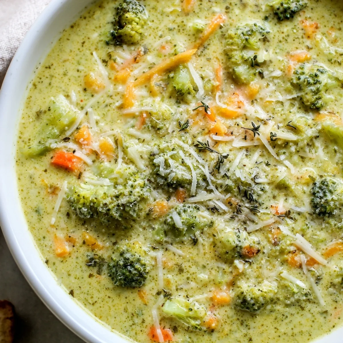Creamy slow cooker broccoli cheese soup in a rustic bowl with melted cheddar on top