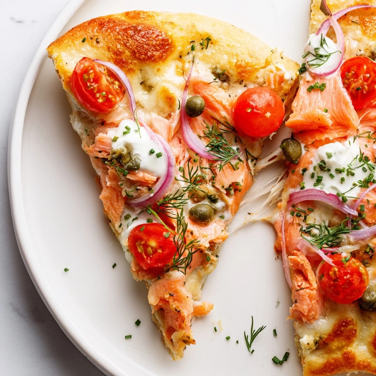 Crispy leftover salmon tortilla pizza with melted mozzarella, red onion, and fresh dill garnish.