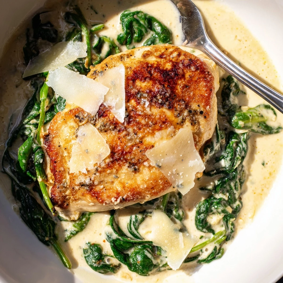 Golden seared Lemon Parmesan Spinach Chicken nestled in a creamy, vibrant green sauce