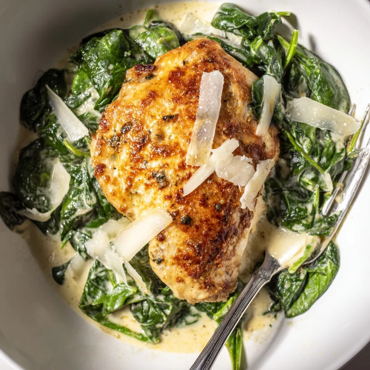 Creamy skillet Lemon Parmesan Spinach Chicken served with a bright citrus Parmesan sauce