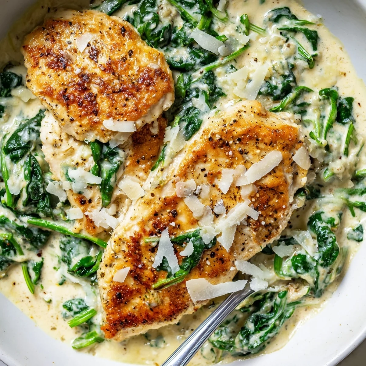 Juicy Lemon Parmesan Spinach Chicken topped with melted cheese and wilted baby spinach