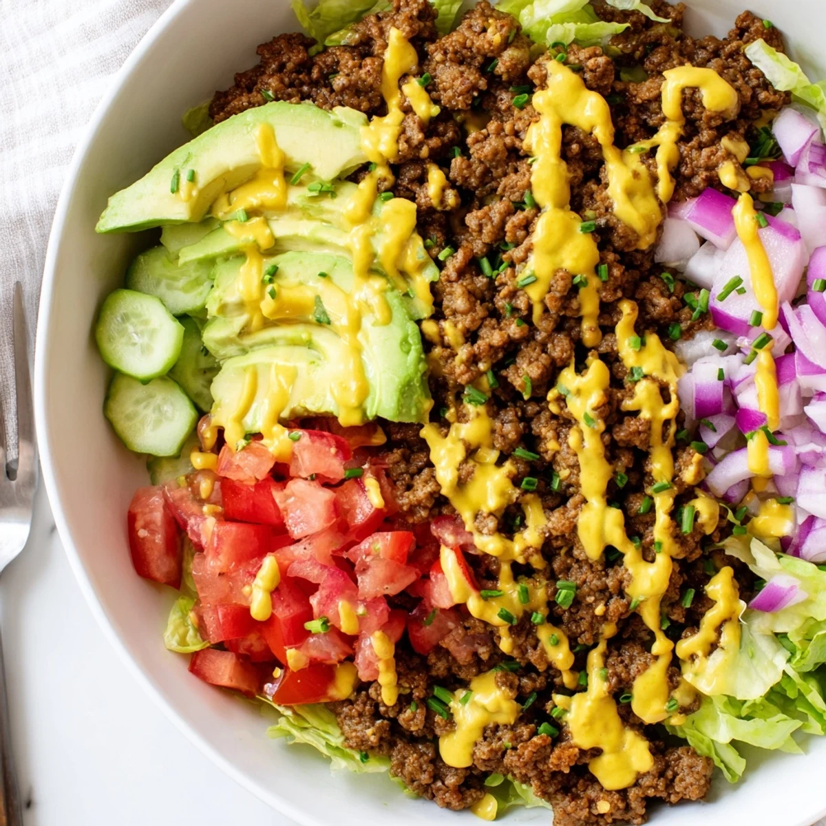 Hearty burger bowls featuring browned beef, fresh lettuce, tomato, and shredded cheese