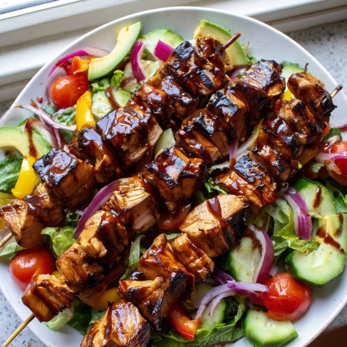 Juicy grilled BBQ chicken skewer salad topped with creamy avocado and tomatoes