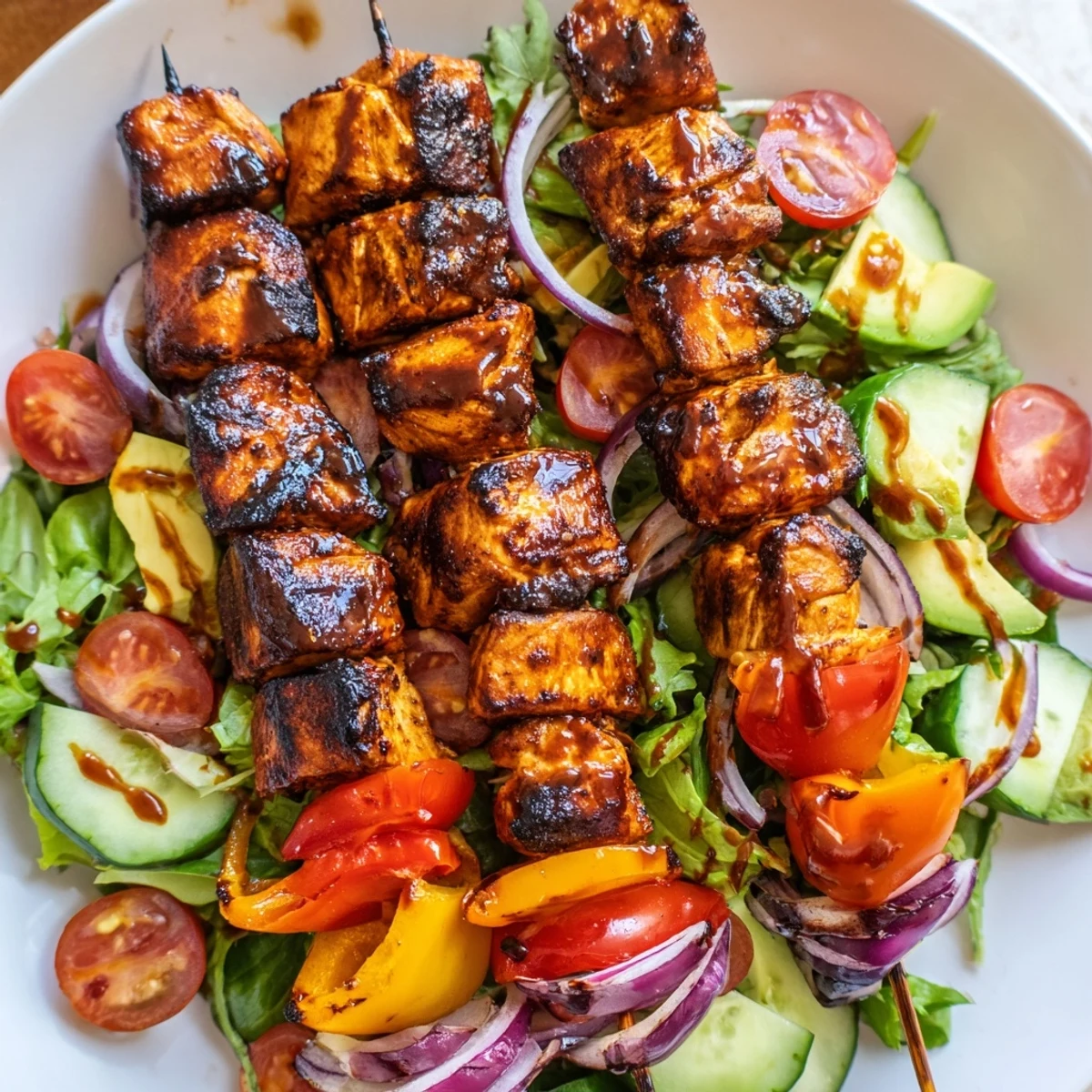 Smoky BBQ chicken skewer salad with charred edges and vibrant crisp vegetables