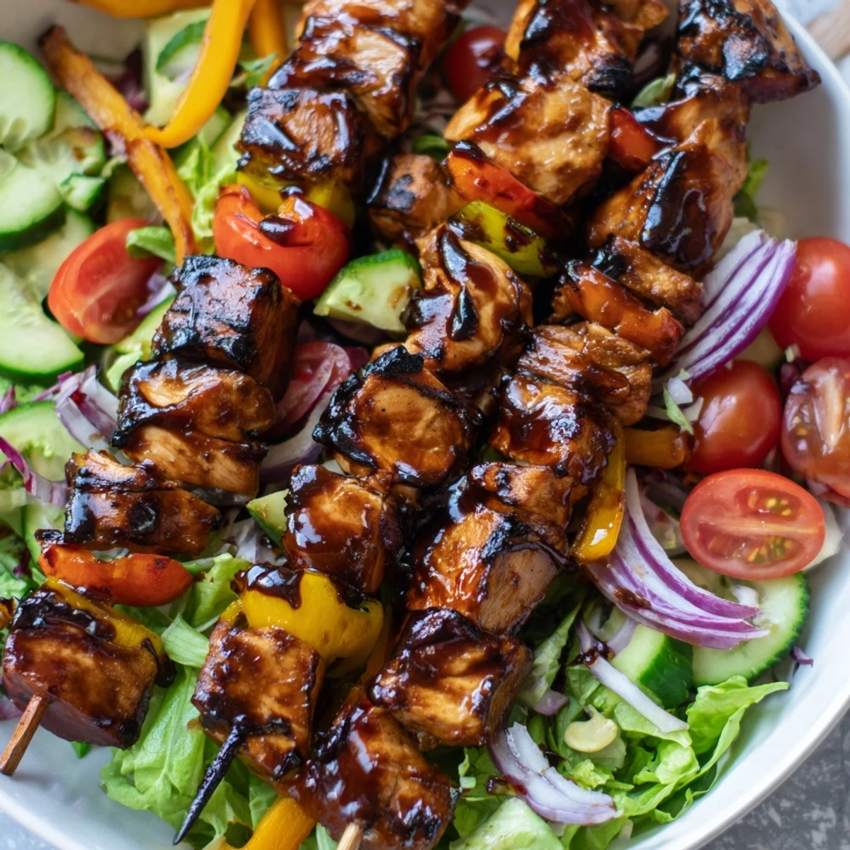 Colorful BBQ chicken skewer salad drizzled with zesty honey mustard dressing