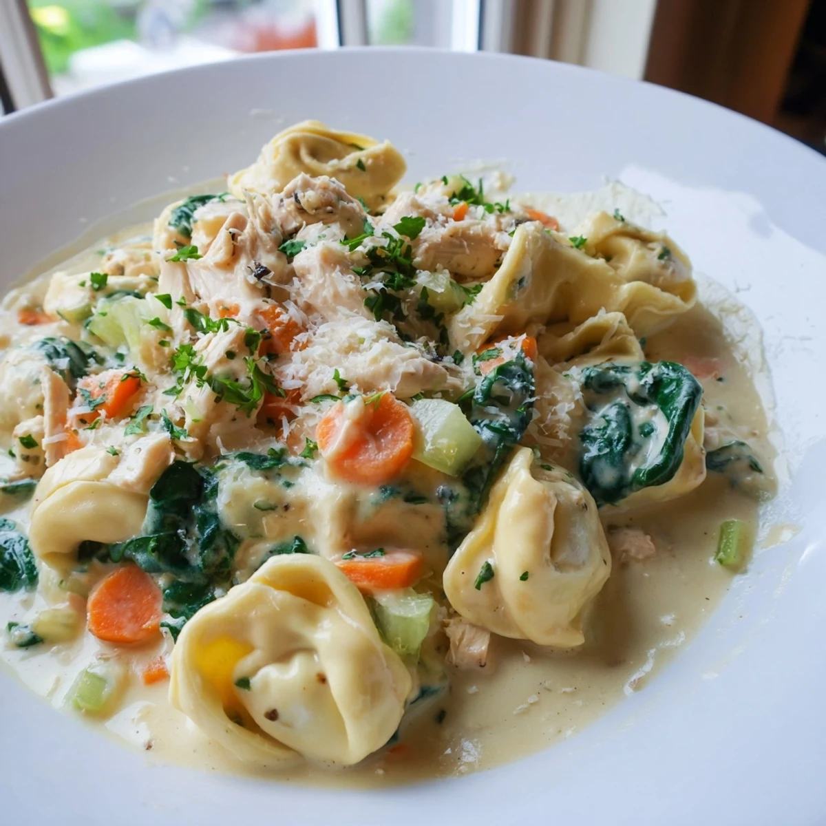Creamy Crockpot Chicken Tortellini in a golden broth with tender vegetables and melted cheese