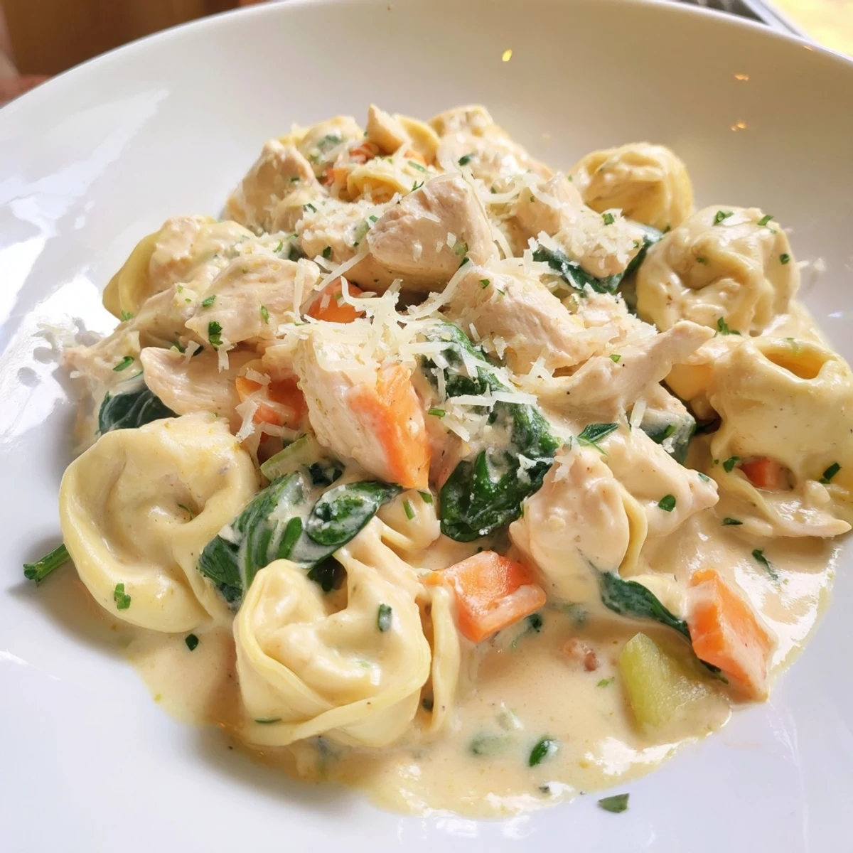Steaming bowl of Crockpot Chicken Tortellini topped with grated Parmesan and fresh parsley