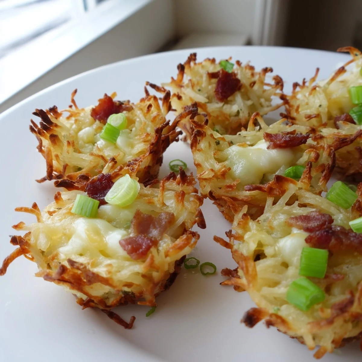 Golden crispy cheesy loaded hashbrown bites topped with bacon and green onions on a platter