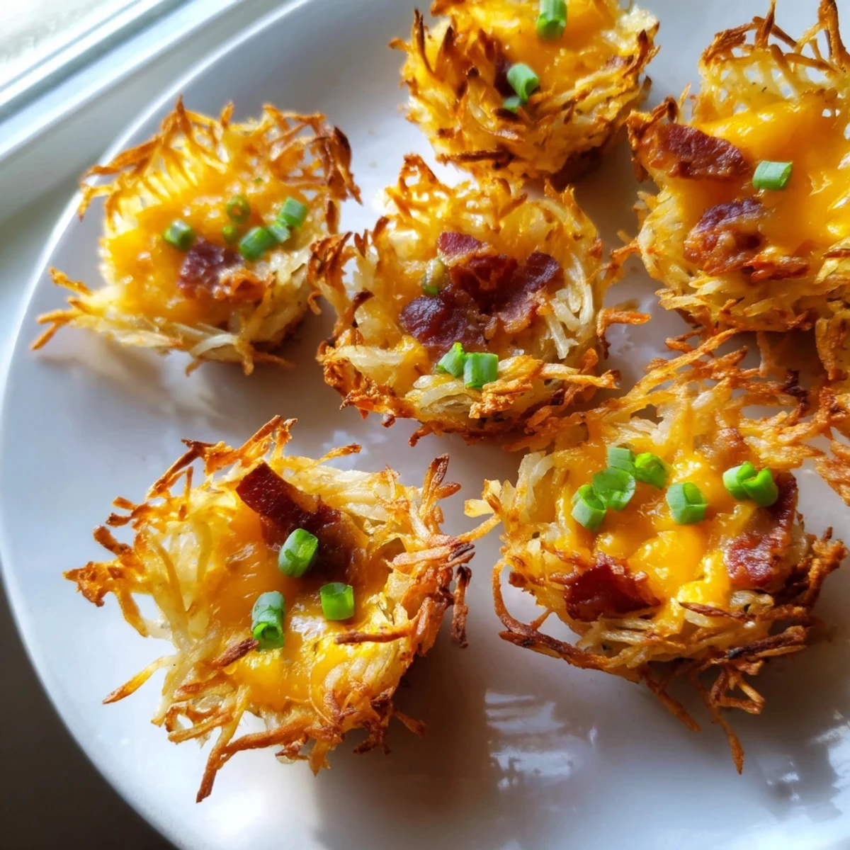 Close-up of cheesy loaded hashbrown bites with gooey melted cheddar oozing from crispy edges