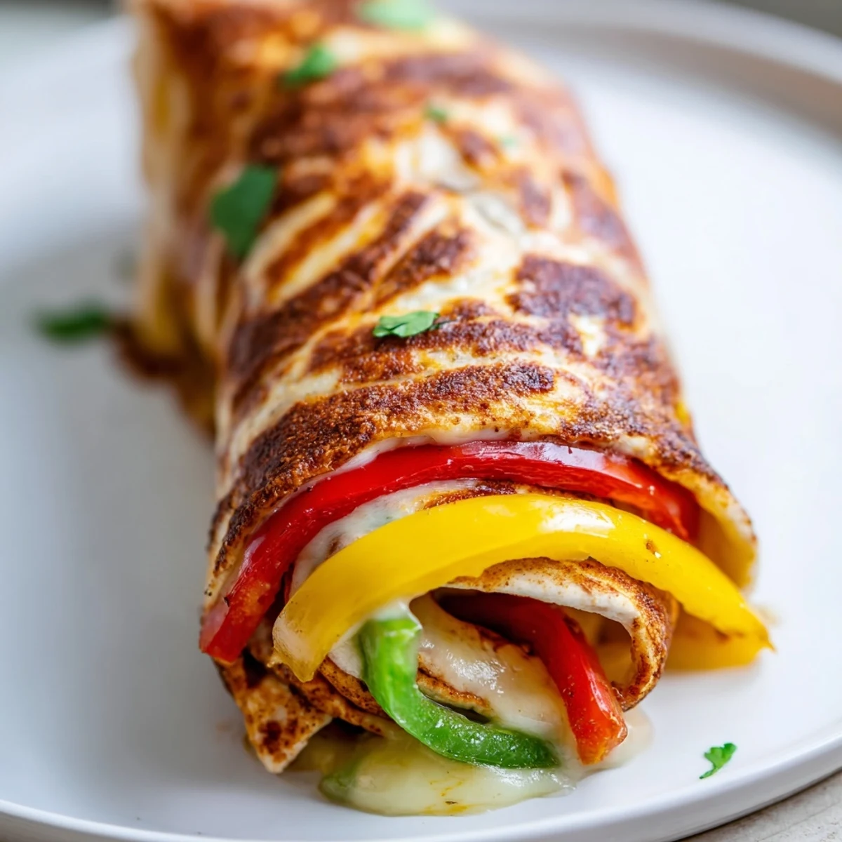 Golden baked chicken fajita roll ups sliced open revealing melted cheese and colorful peppers